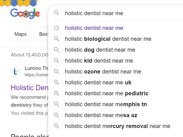 Screenshot of Google search for holistic dentist with drop down menu